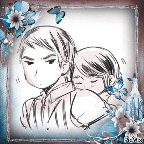 a drawing of a man holding a child with flowers and butterflies in the background and picmix at the bottom