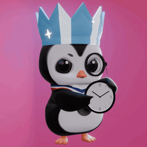 a penguin with a crown and glasses holds a clock