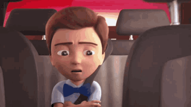 a cartoon boy wearing a blue bow tie is sitting in the back seat of a car