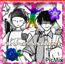 a picture of a group of anime characters with a rainbow cat on top of them