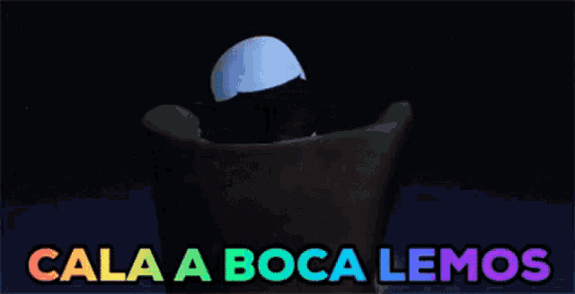 a cartoon character is sitting in a chair with the words cala a boca lemos above him