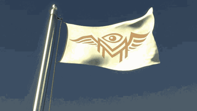 a white flag with an eye and wings on it is flying in the wind