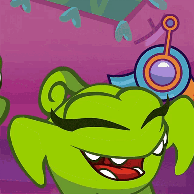 a green cartoon character with a purple background and a circle on his head