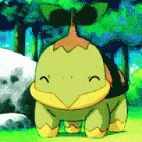 a pixelated cartoon of a turtle with a leaf on its head