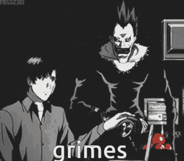 a black and white drawing of a man and a skeleton with the word grimes written on the bottom