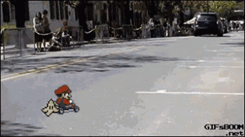 a pixel art of mario driving a go kart on a street