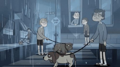 a cartoon of people walking dogs in the rain with a sign that says dead end