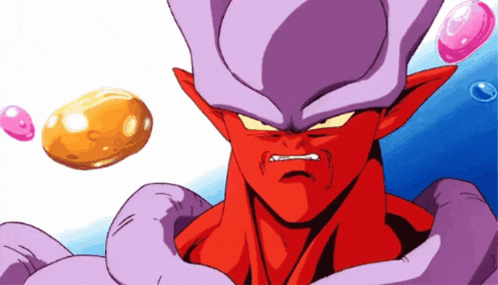 a red and purple cartoon character with a purple head