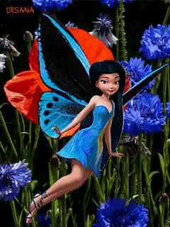 a fairy in a blue dress is flying in a field of blue flowers