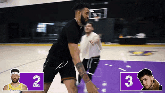 a man dribbles a basketball on a court with purple squares with the numbers 2 and 3 on them