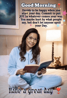 a woman is sitting on a bed reading a book with a good morning message behind her
