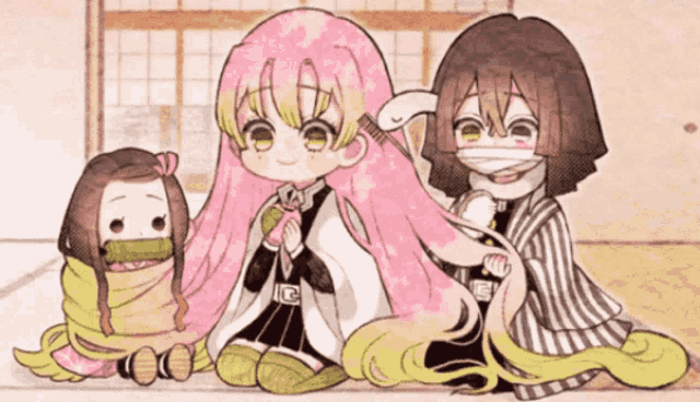 a group of anime characters are sitting next to each other in a room .