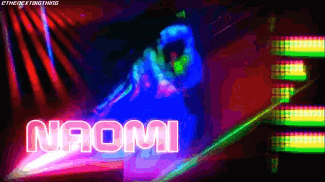 a neon sign that says naomi with a blue swan in the background
