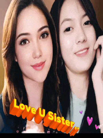 two women are standing next to each other with the words love u sister