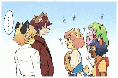 a group of furry characters are standing next to each other talking to each other .