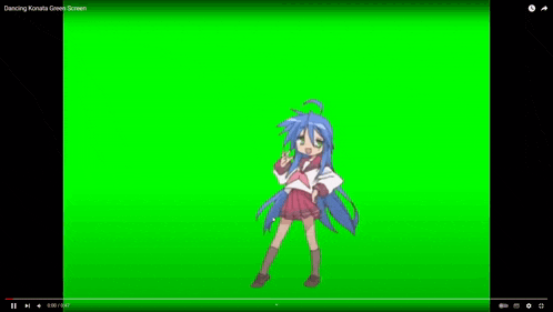 a girl with blue hair is dancing on a green screen in a video .