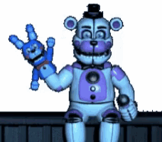 a blue and purple teddy bear is holding a blue stuffed bunny .