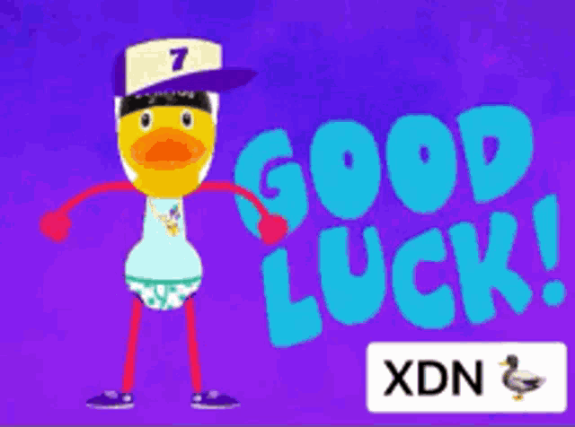 a cartoon duck wearing a number 7 hat and diapers says good luck