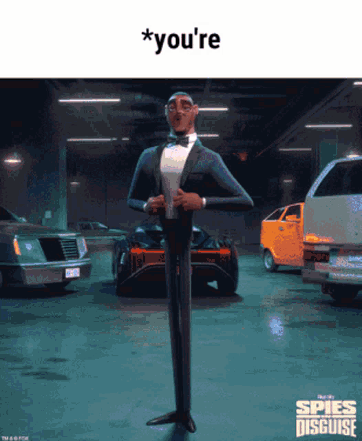 a poster for the movie spies in disguise with a man in a tuxedo