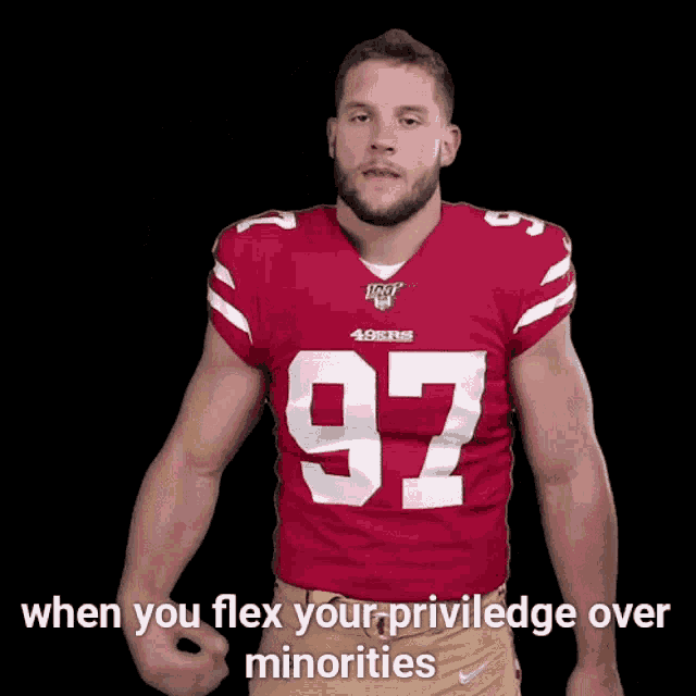 a man in a red 49ers jersey with the number 97 on it