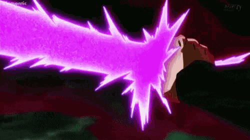 a purple lightning bolt is coming out of a person 's hand in a dark room .