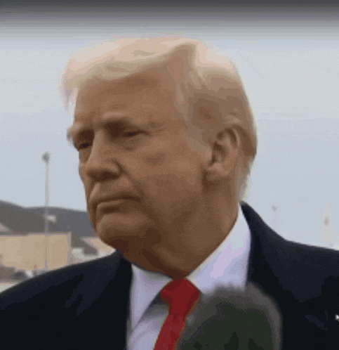 donald trump is wearing a suit and tie and is talking into a microphone