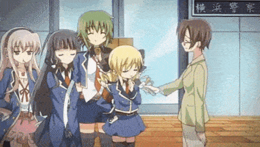 a group of anime characters are standing in front of a sign that says ' yokohama police '