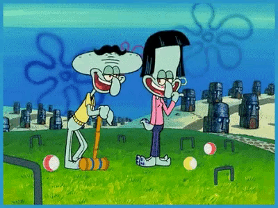 a cartoon of squidward and a woman playing a game of croquet