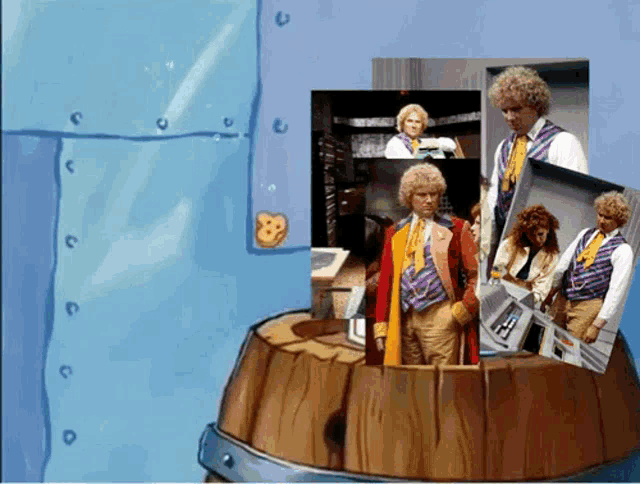 a cartoon of a man with curly hair standing in a bucket