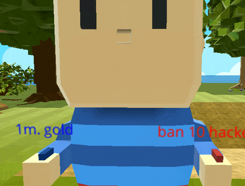 a cartoon character with a blue shirt that says 1m gold ban 10 hacks