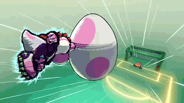 a cartoon drawing of a person kicking a ball on a soccer field