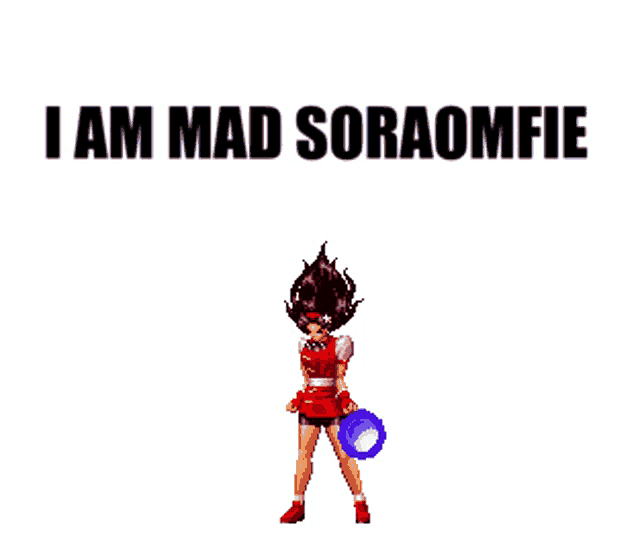 a pixel art of a woman with the words i am mad soraomfie