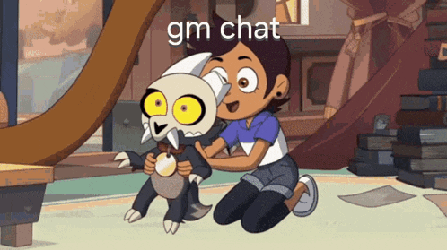 a cartoon of a girl hugging a stuffed animal with the words gm chat on the bottom .