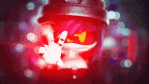 a blurred image of a red object with a white hand giving the peace sign