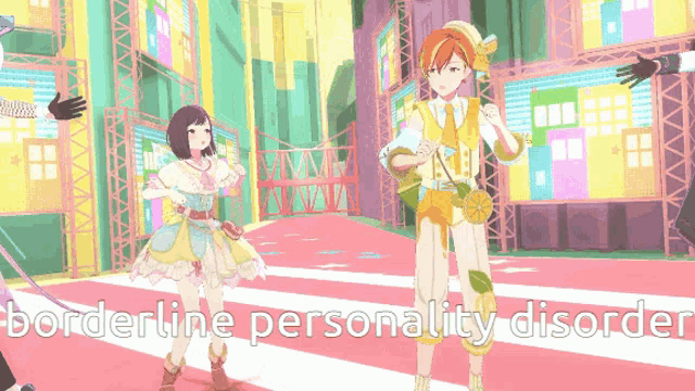 a couple of anime characters standing next to each other with borderline personality disorder written on the bottom