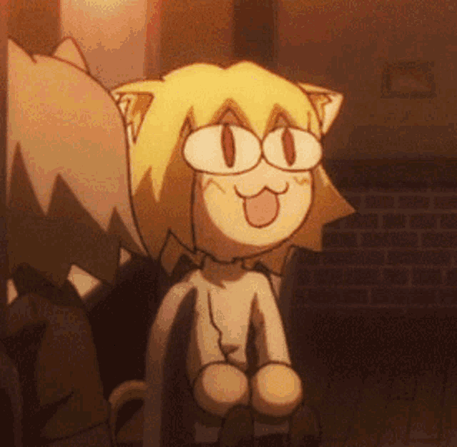a cartoon character with a cat ear is sitting on a chair