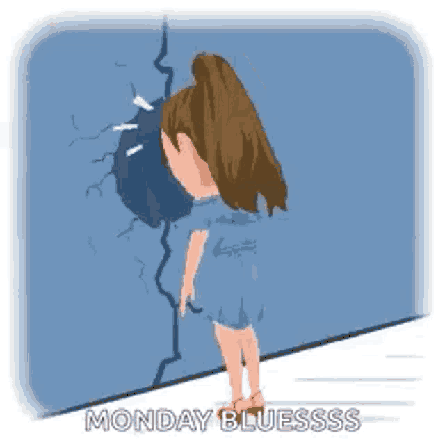 a cartoon of a girl standing next to a wall with her head against it .