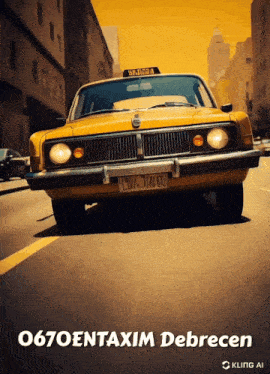 a yellow taxi is driving down a city street with the number 0670 on the top of it