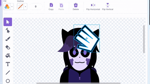 a drawing of a cat with purple hair is being created
