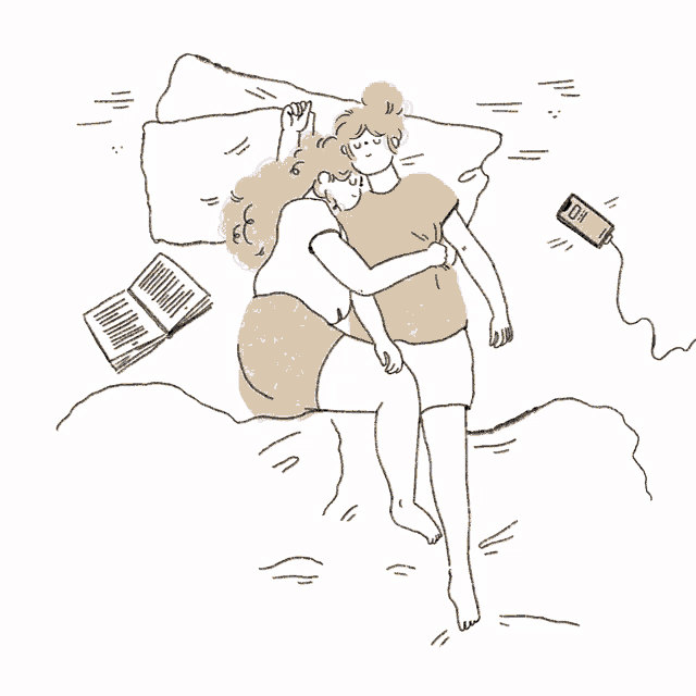 a drawing of two women hugging on a bed with a book and a cell phone