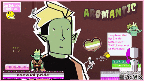 a cartoon of an orc with the word aromantic on the bottom