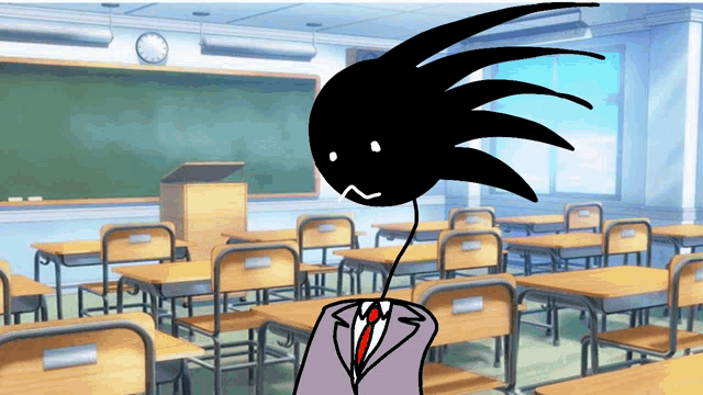 a cartoon drawing of a man in a suit and tie standing in a classroom