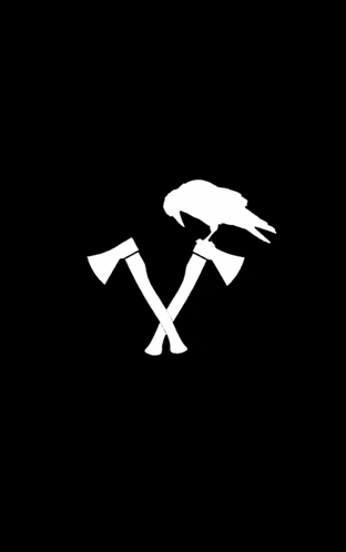 a crow is sitting on top of two crossed axes .