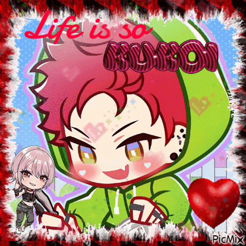 a picture of a boy with red hair and a green hoodie that says life is so gorgeous