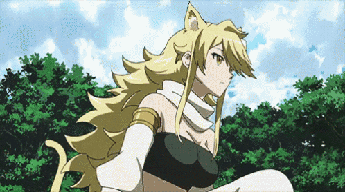 a girl with long blonde hair and cat ears is standing in front of a forest .