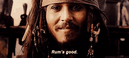 a close up of a man 's face with the words rum 's good on it