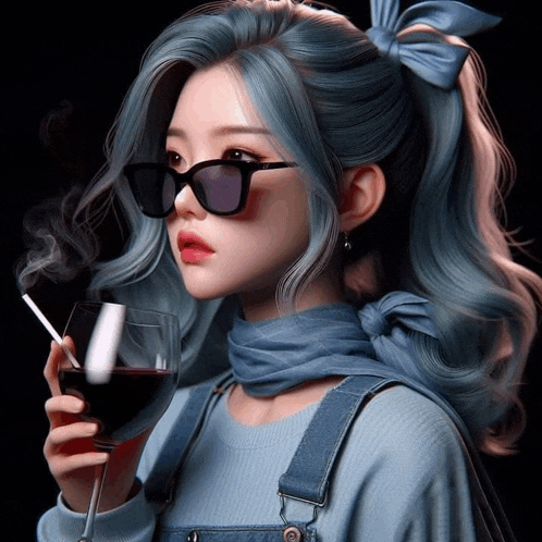 a girl with blue hair and sunglasses holds a glass of wine and a cigarette