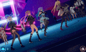 a group of anime girls are dancing on a stage with a button that says ' pause ' on it