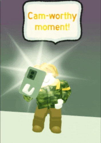 a cartoon character is holding a phone and a speech bubble says cam-worthy moment