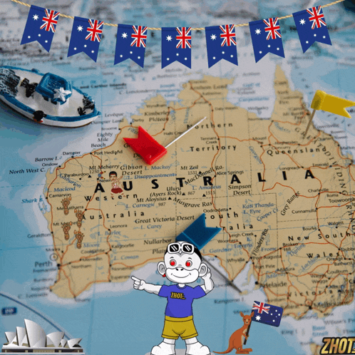 a map of australia with flags on it and a monkey pointing at it